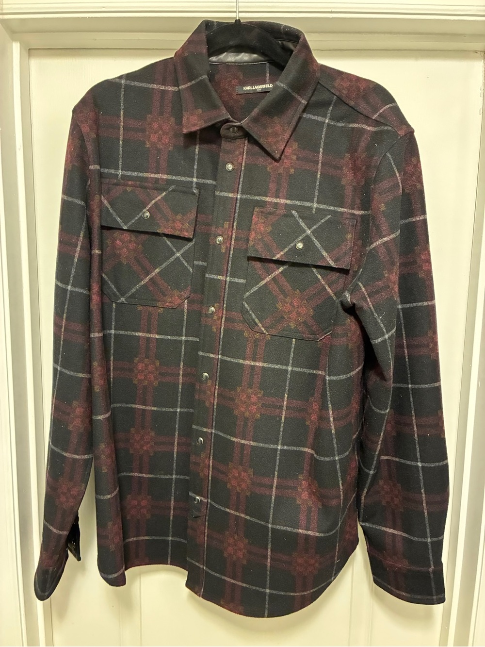 Karl Lagerfeld Black and Burgundy Plaid Button-Down Shirt